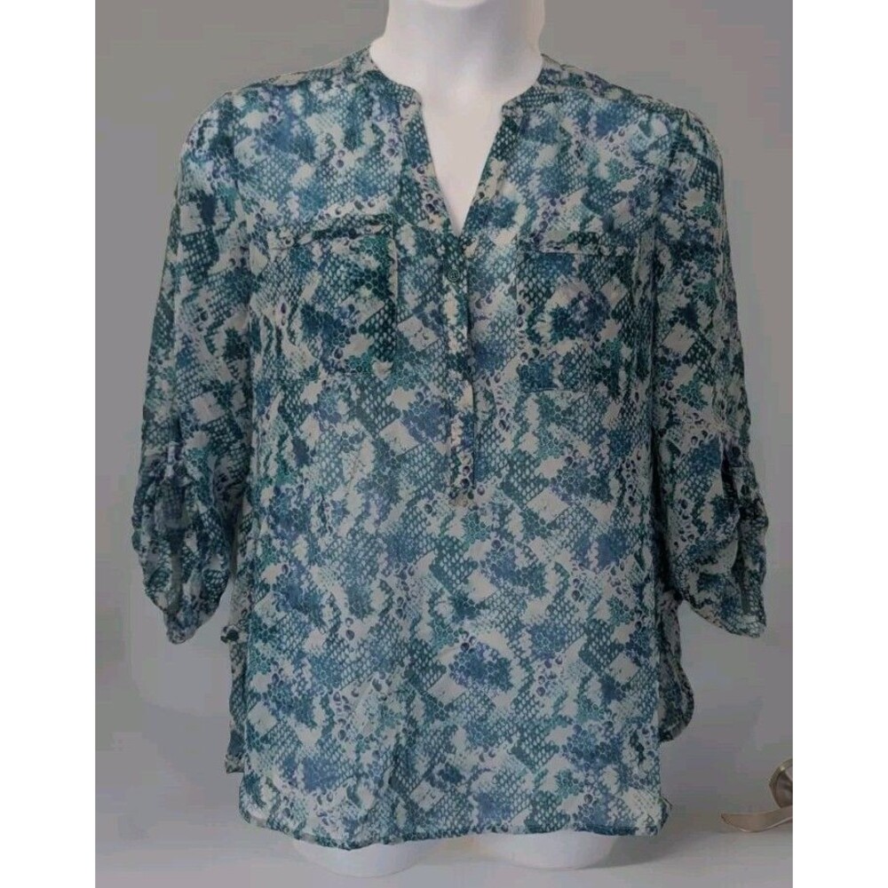 APT. 9 Womens Blouse SZ L 3/4 Sleeve V-neck Snake Animal Sheer Ruched Office